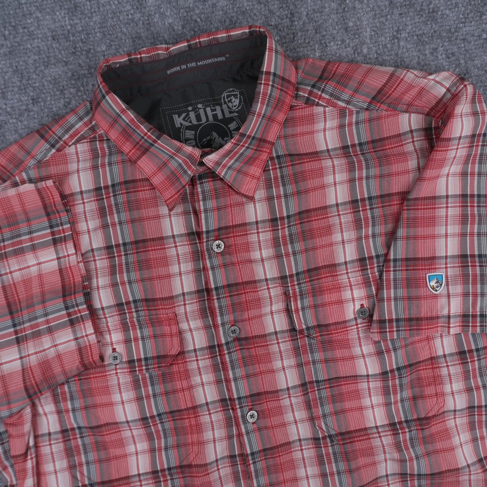 KUHL Eluxor Button Up Shirt Mens Medium Red Plaid Short Sleeve Technical Hiking